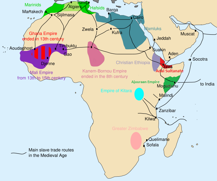 The main slave routes in medieval Africa.