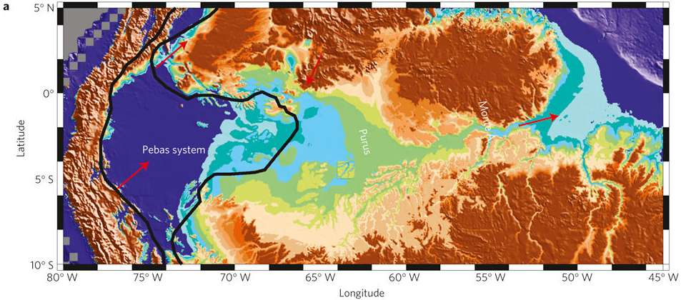 Palaeo-drainage and palaeo-topography of the Amazon region at 14 Myr