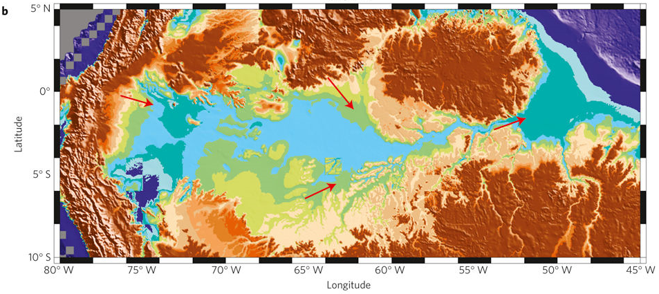 Palaeo-drainage and palaeo-topography of the Amazon region at 6 Myr