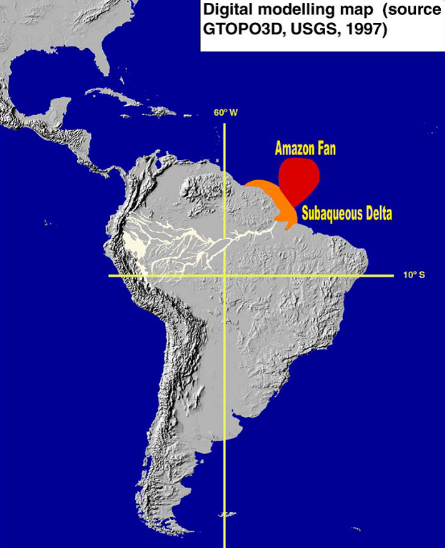 Topographic map of South America showing the Amazon River and the Amazon Delta and Fan