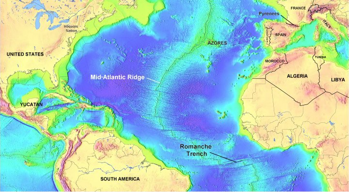 The North Atlantic showing the Mid-Atlantic Ridge and some areas where we might find evidence of Atlantis