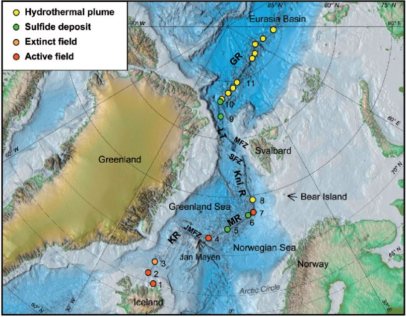 Overview of hydrothermal plumes, sulfide deposits and inactive/active hydrothermal vent fields on the Arctic mid-ocean ridge