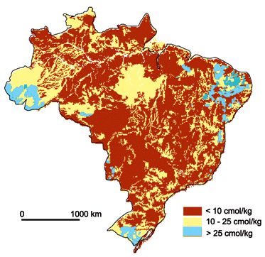 Distribution of cation exchange capacity values in Brazil