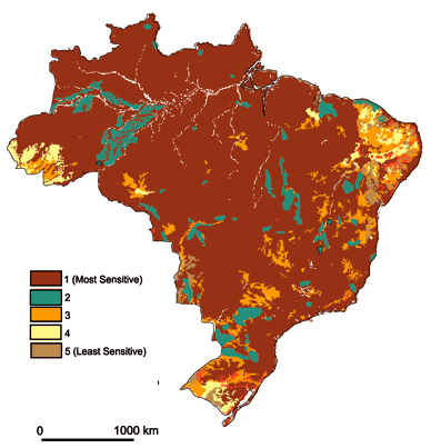 Distribution of ecosystem sensitivity to acidic deposition in Brazil