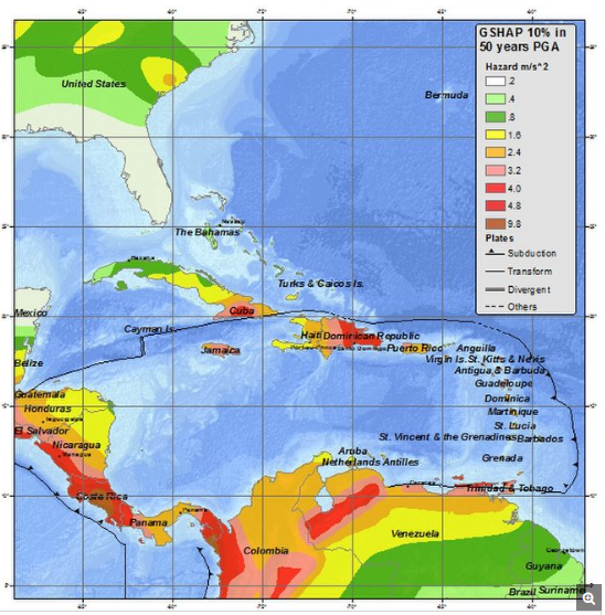 Caribbean seismic hazard map, illustrating the region's complex geologic setting