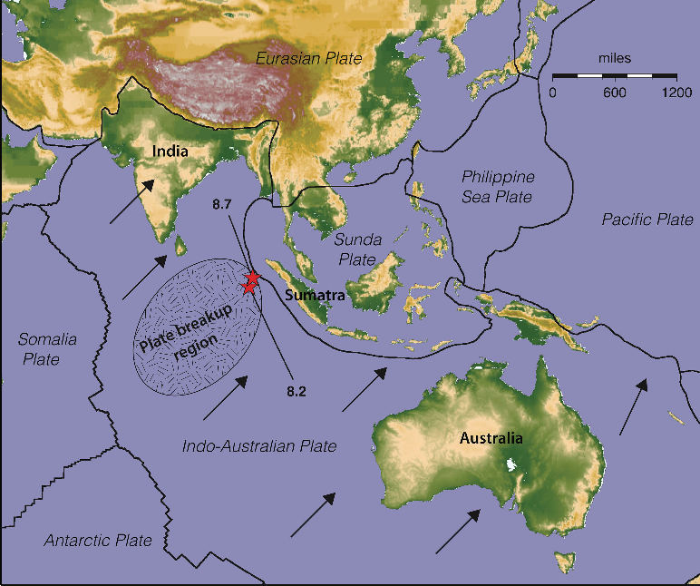 Tectonic plate boundaries and epicenters of major earthquakes