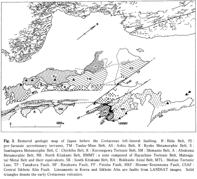 Restored geologic map of Japan before the Cretaceous left-lateral faulting
