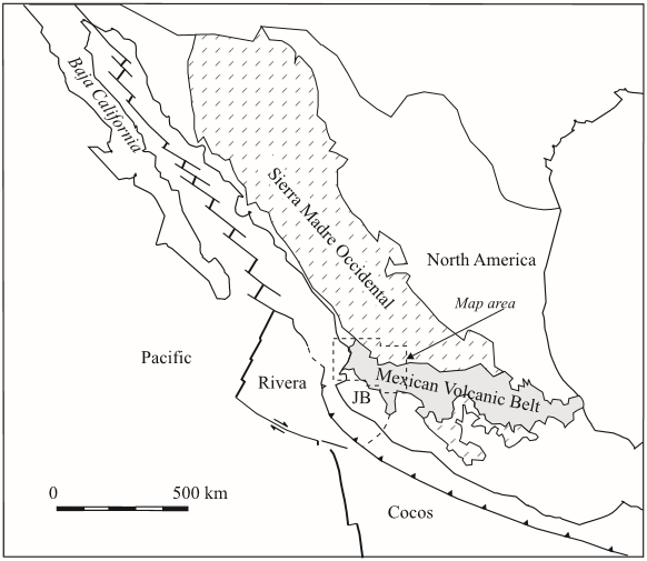 Geodynamic sketch of Mexico depicting the four main plates and the Eocene to Present subduction-related volcanic arcs
