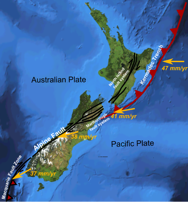 Major active fault zones of New Zealand showing variation in displacement vector of Pacific Plate relative to Australian Plate along the boundary