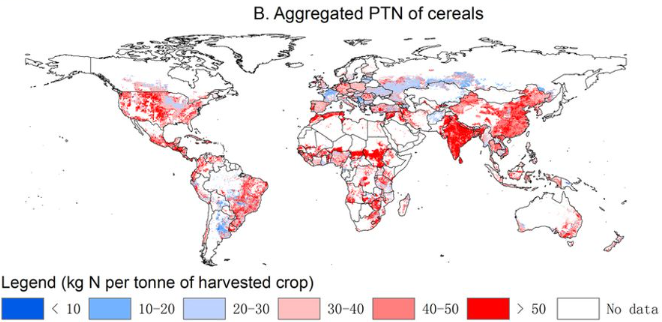 Spatial distribution of the product TN (PTN) of all crops combined, of cereals, and of soybean