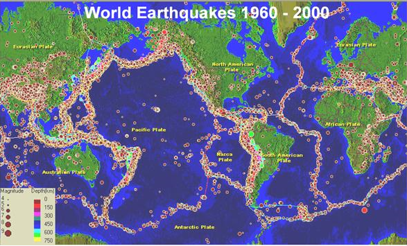 Earth's plates and earthquake epicenters from 1960-2000