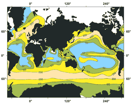 Map showing annual production of biogenic silica in the plankton of the world oceans