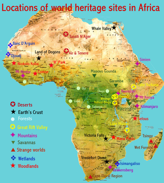 Locations of world heritage sites in Africa