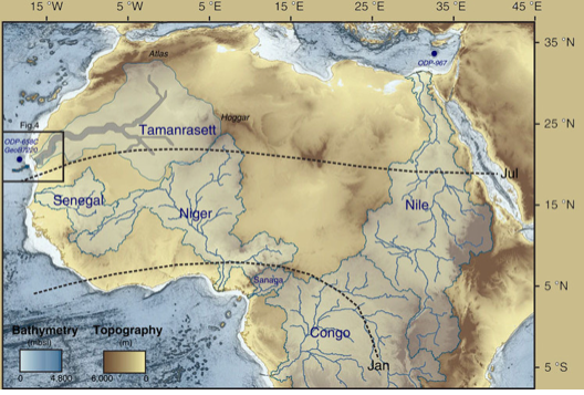 Map of the main rivers of the Mediterranean, West African Tropical and Equatorial margins and associated watersheds