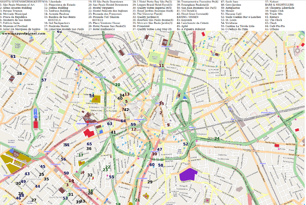 City map São Paulo with points of interest