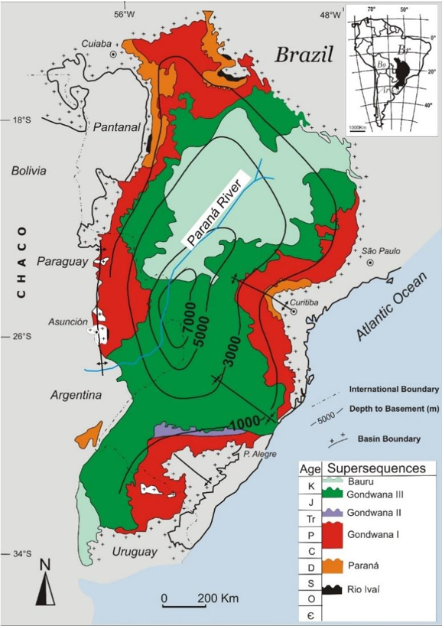 Geological map of the Paraná Basin and its geographical location
