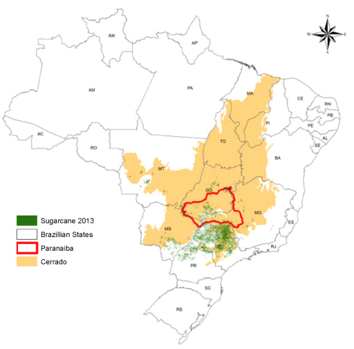 Sugarcane land use in Center-South Brazil and Paranaíba Basin within the Cerrado Biome