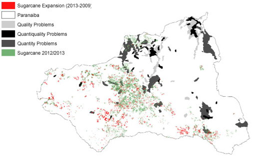 Sugarcane land occupation, sugarcane expansion, and sub basin with water availability problems in the Paranaíba Basin
