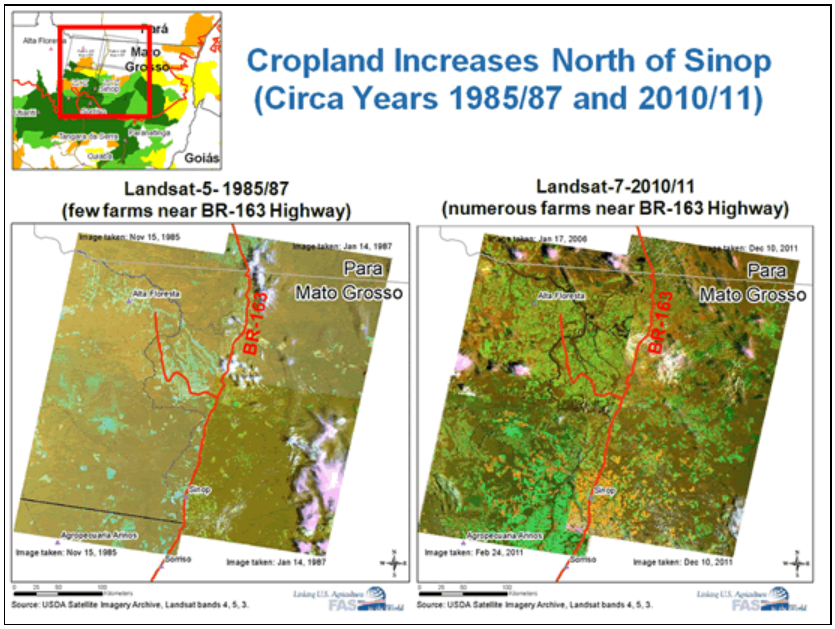 Landsat imagery reveals cropland increased north of Sinop, Brazil during the past 25-years