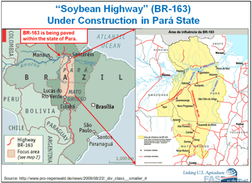 Brazil’s “soybean highway” is currently being paved from the Para-Mato Grosso state border to Santarem, Para