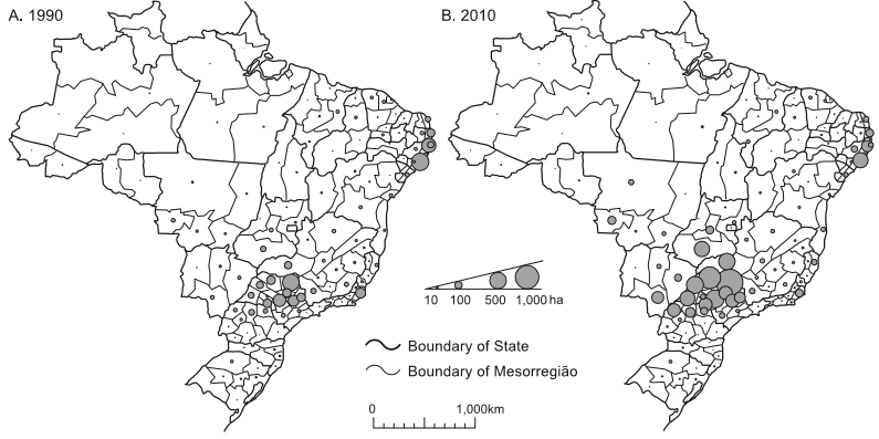 Brazil’s harvested sugarcane area, 1990 and 2010