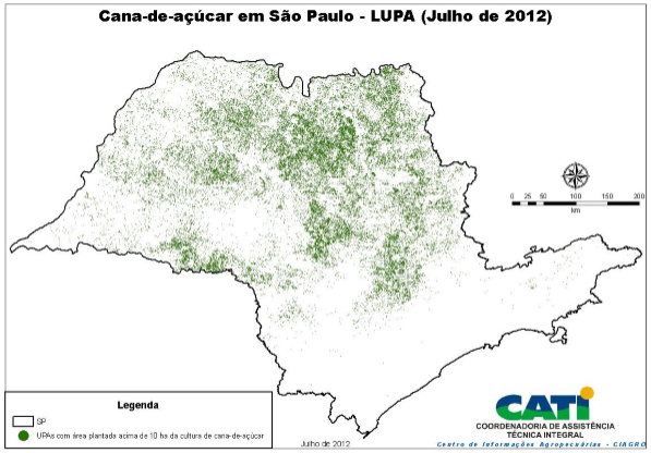 Geoespacialização das UPAs com área plantada de cana-de-açúcar acima de 10 h