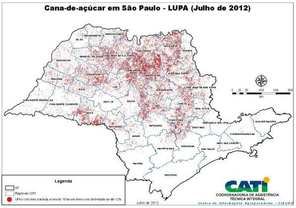 Mapa de UPAs com área plantada de cana-de-açúcar acima de 10ha e contidas em áreas com declividade de até 12%