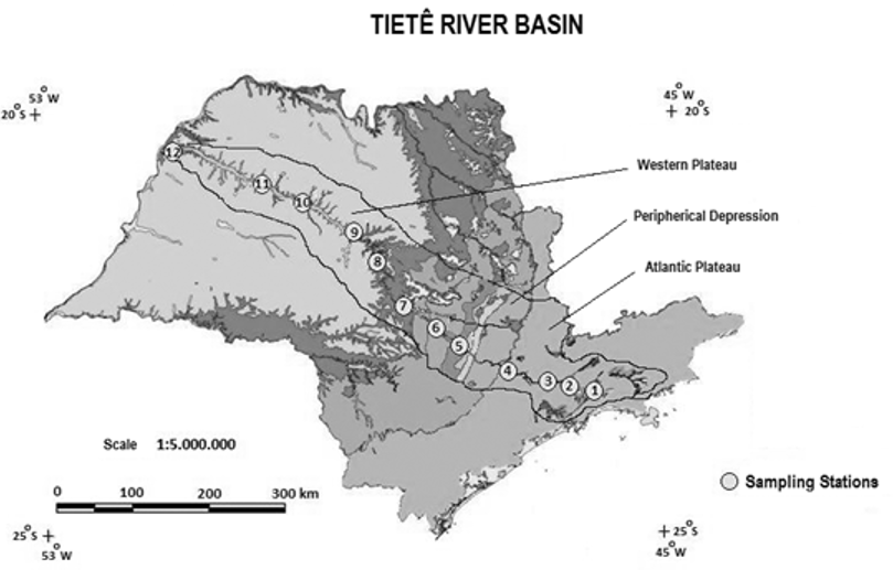 Tietê River basin with the main morphological units and location of sampling sites