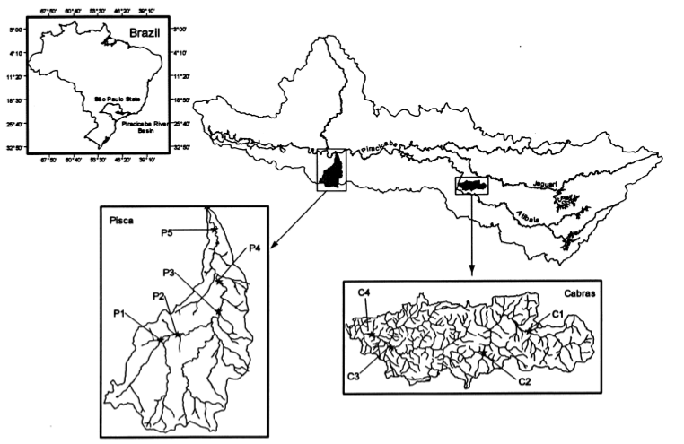 Location of Pisca and Cabras catchments and sampling sites in Brazil