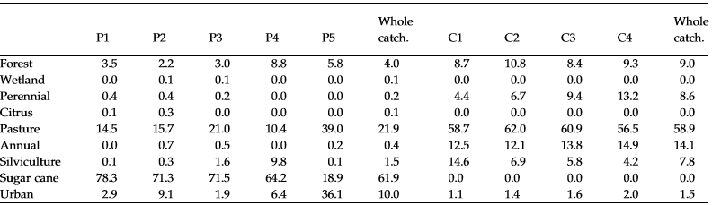 Size of the area(%) in 1993 under different land uses in the Pisca(P1-P5) and Cabras(C1-C4) subcatchments and whole catchment